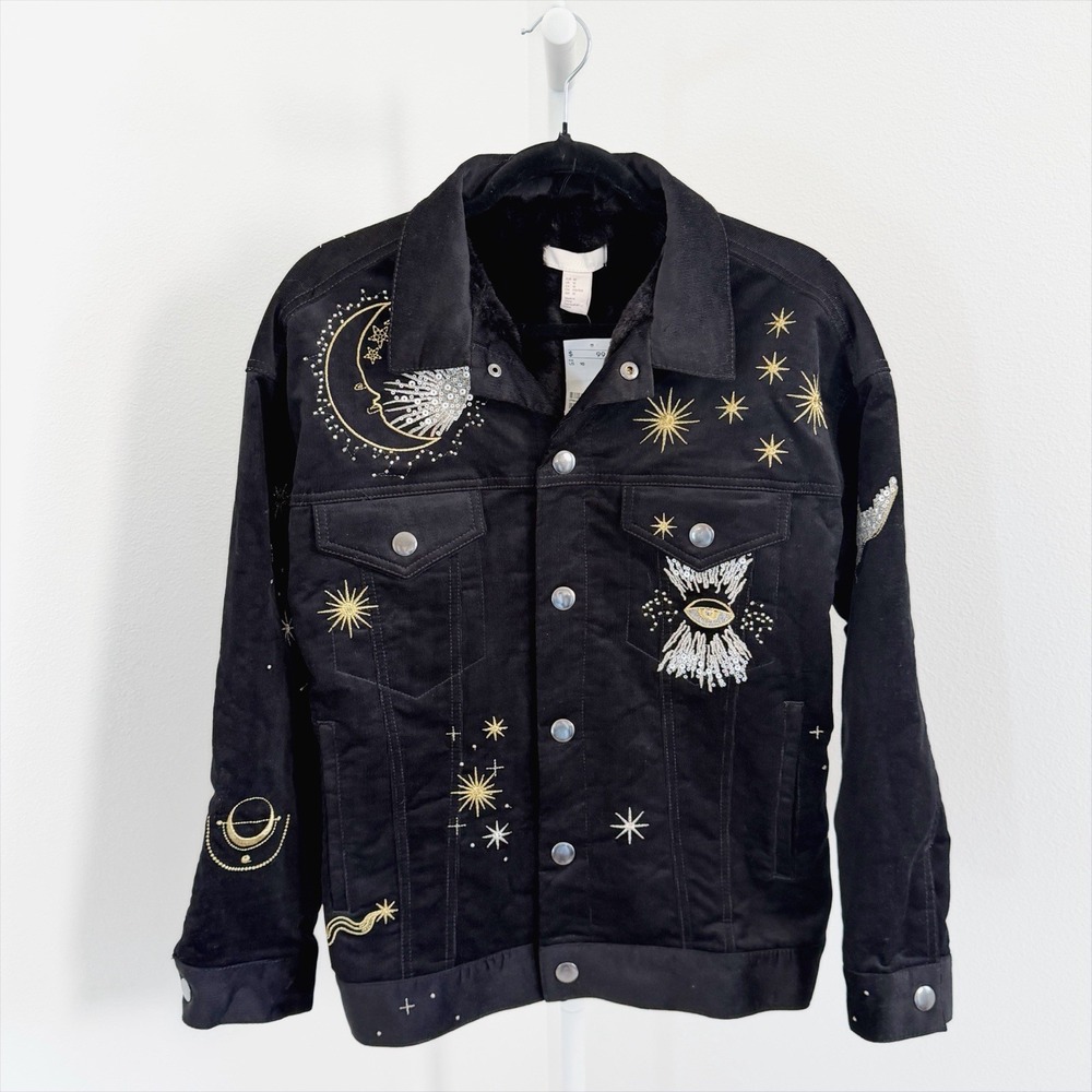 NEW H&M Jacket Womens 10 Black Corduroy Moon Embroidered Whimsigoth Fairy Grunge